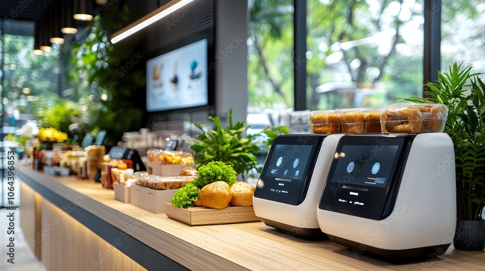 Aufkleber Sophisticated retail shop equipped with automated checkout counters and advanced AI driven facial recognition technology to provide a seamless contactless customer experience