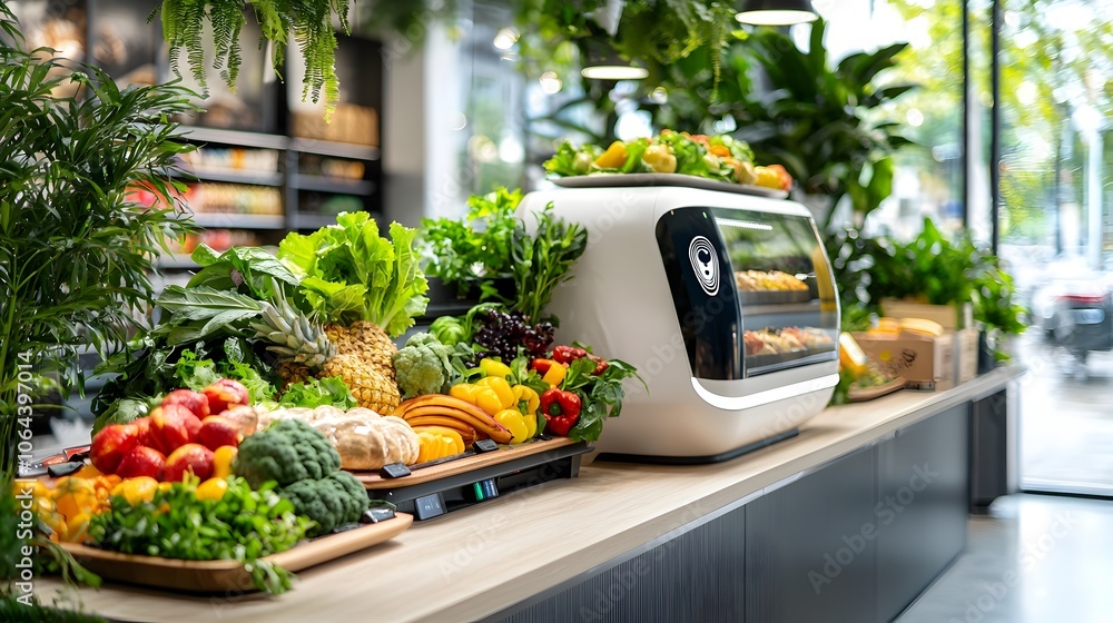 Poster innovative smart retail environment featuring ai powered automated checkout stations with facial rec