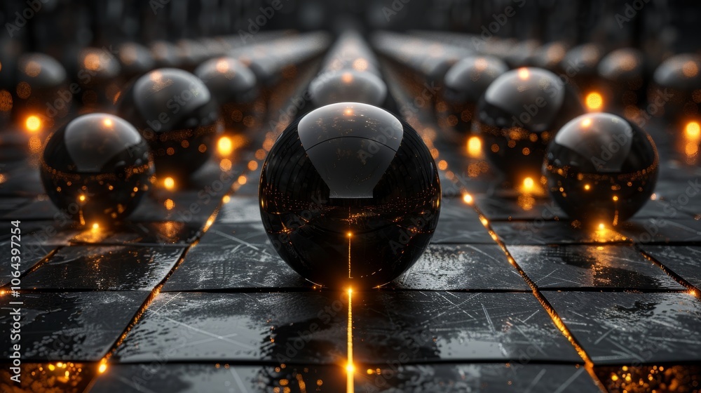 Poster a mesmerizing 3d render of reflective spheres illuminated by glowing lines, creating a captivating s