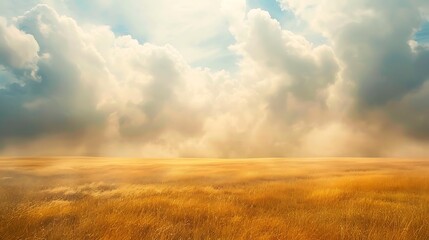 Soft clouds creating a tranquil atmosphere over a golden field.