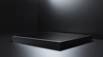 sleek ebony platform with slight reflective quality, clean lines, negative space for highlighting luxury goods, cinematic lighting, high-end retail display concept, ultra-high resolution