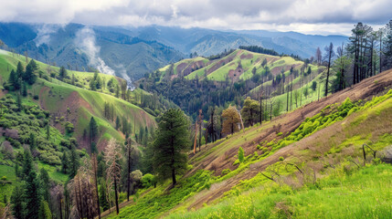 Naklejka premium a hillside covered in new green growth after being ravaged by a wildfire, symbolizing the resilience of nature