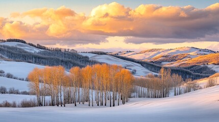 Fototapeta premium Golden Sunset Over Snowy Mountain Range