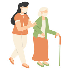 Volunteers Character with Old People. Care and Helping. Flat Vector Illustration.
