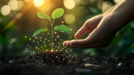 Fototapeta premium Hands nurturing a young plant, glowing effect