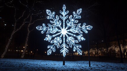 Illuminated Snowflake Decoration in Snowy Park at Night