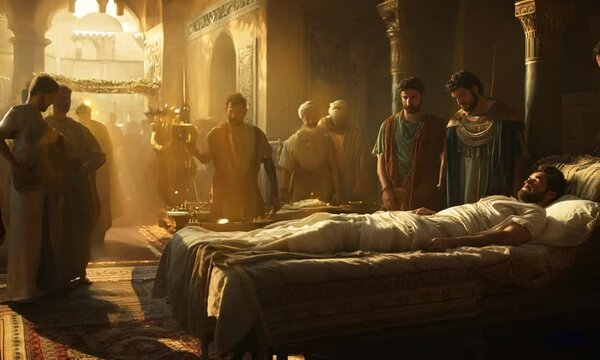 A dimly lit room in Babylon, showing Alexander lying on a bed, looking weak and ill. Doctors and advisors surrounding him, their faces filled with concern and uncertainty