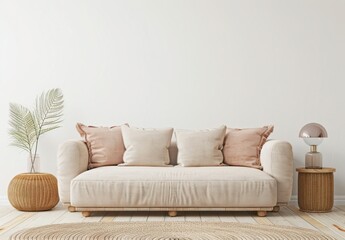 Minimalist living room interior design with beige sofa, patterned rug, and hanging pendant lights