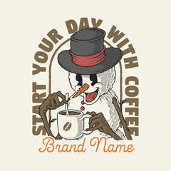 retro cartoon emblem of snowman with coffee mugs