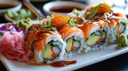 Delicious Salmon Sushi Rolls with Avocado and Sesame Seeds