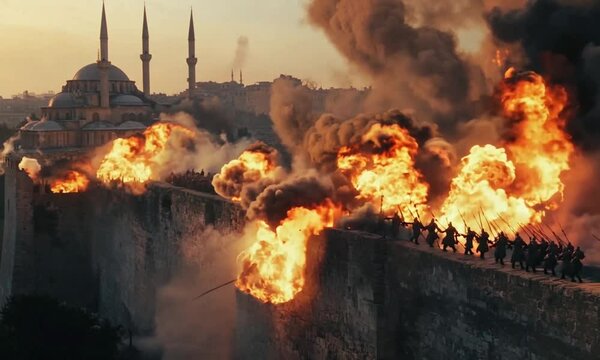 A discarded Viking shield lies amidst blazing flames and dark smoke under a moody sky, evoking a sense of historical battle and chaos.