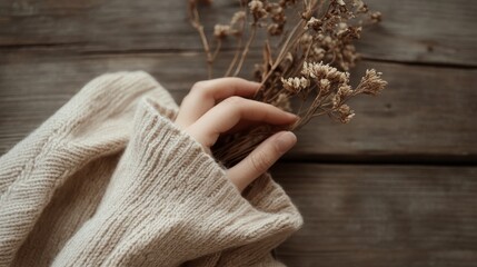 feminine hand elegantly positioned, textured woolen garment partially visible, rustic wooden surface, delicate dried plant silhouettes, warm beige and brown color palette, dreamy soft focus,