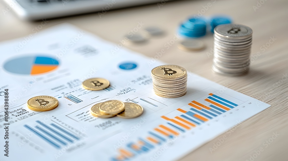 Poster Scattered gold coins and dollar bills on a table next to a financial chart or graph depicting data growth and economic prosperity