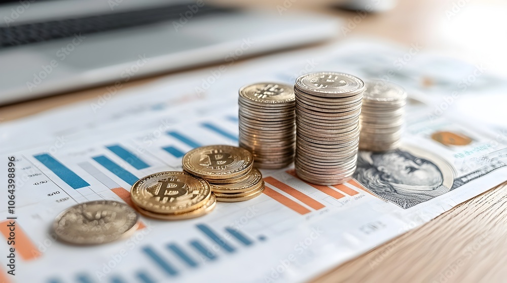 Poster a table scattered with shimmering gold coins and crisp dollar bills placed next to a detailed financ