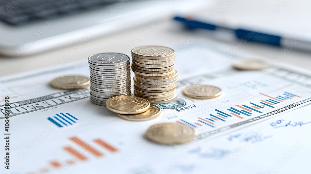 Poster scattered gold coins and dollar bills on a table next to a financial chart representing the concepts