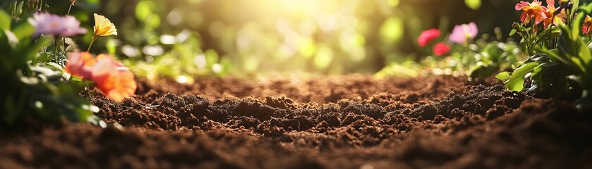 Fototapeta premium Close-up of Brown Soil with Blurred Flowers and Sunlight