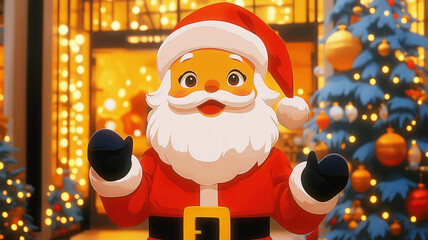 Cute animated Santa Claus illustration with warm bokeh background, decorated Christmas tree, and festive lights creating a cozy holiday atmosphere.