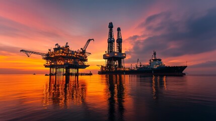 Obraz premium Oil rigs at sunset over calm waters.