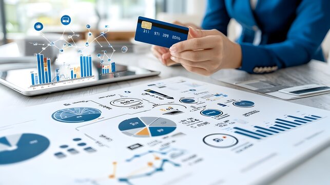 Person Holding Credit Card Reviewing and Analyzing Monthly Financial Expenses and Spending Data on a Digital Tablet for Business or Personal Finance Management