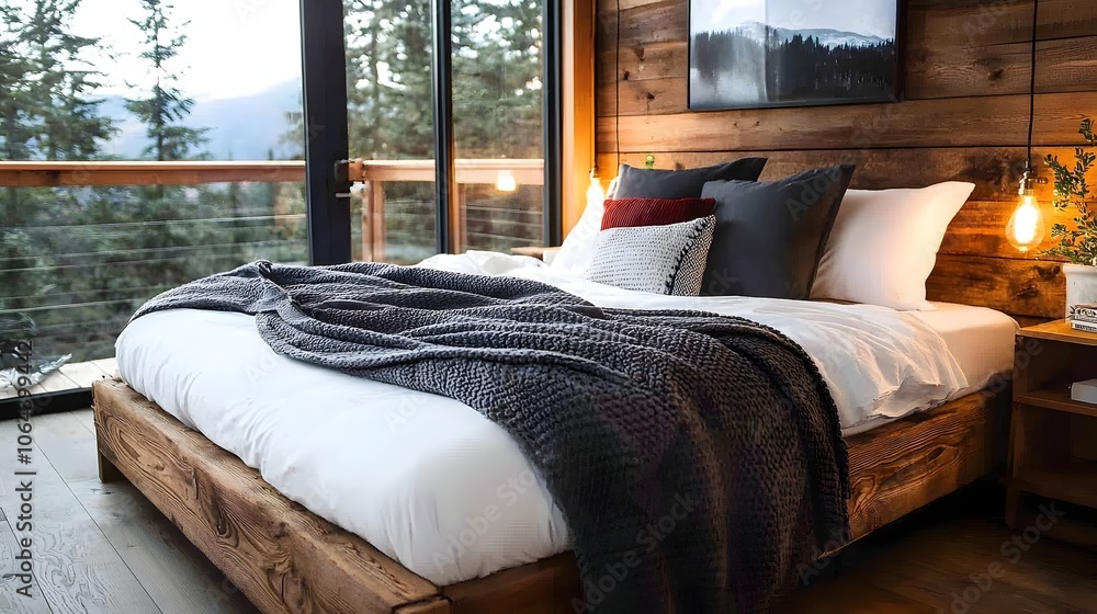 Aufkleber cozy and inviting rustic bedroom setting with warm wooden bed soft lighting and plush blankets creat
