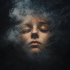 Serene face emerging from wispy smoke