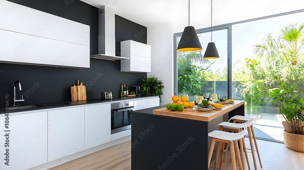 Poster a stylish and contemporary kitchen featuring a minimalist black and white color scheme a breakfast b