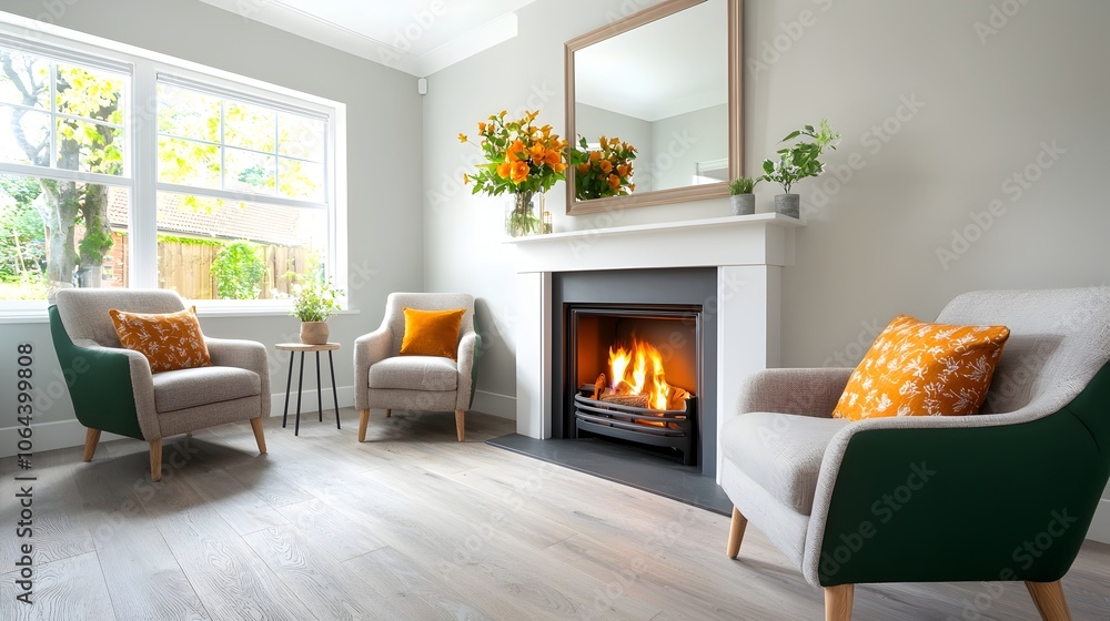 Aufkleber beautifully designed living room featuring a fireplace comfortable armchairs and a large mirror abov