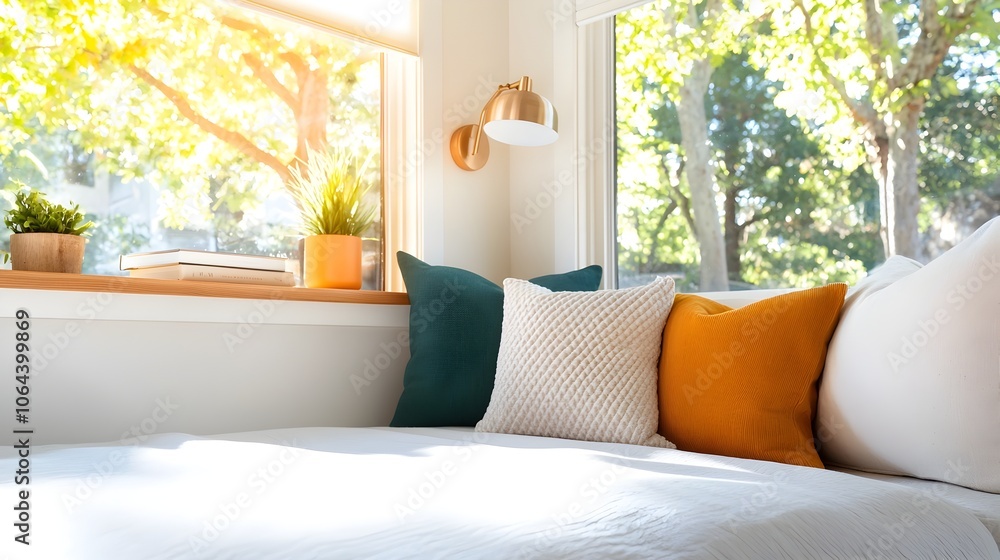 Aufkleber a cozy and inviting bedroom nook featuring a comfortable window seat plush pillows and a reading lam