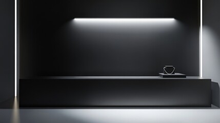 minimalist jewelry display area, smooth matte black surface, subtle sheen, dramatic side lighting, empty space for showcasing precious items, professional studio setup, high contrast