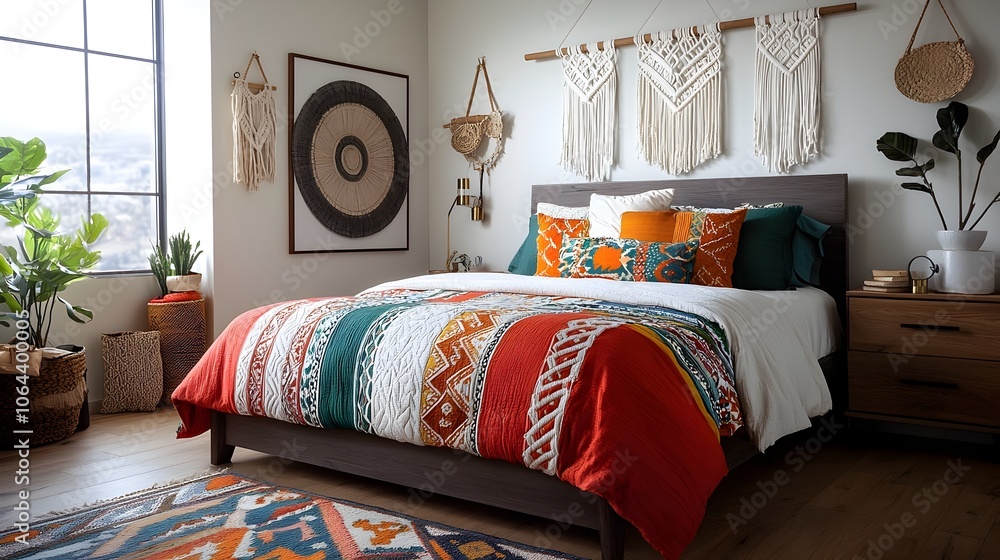 Aufkleber Cozy and Inviting Bohemian Style Bedroom with Vibrant Bedding Macrame Wall Hangings and Eclectic Decorative Accents Creating a Relaxing and Atmosphere