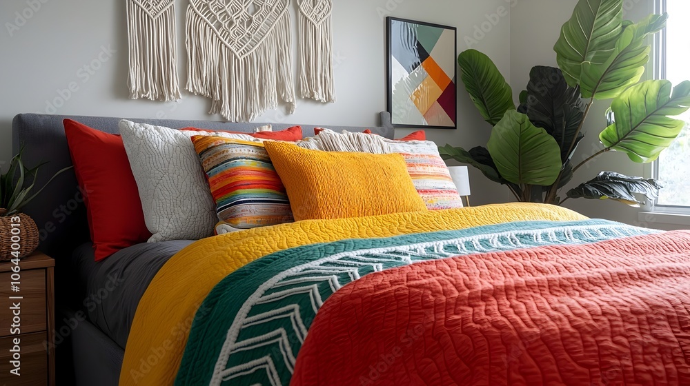 Aufkleber Cozy and inviting bohemian style bedroom with macrame wall hangings colorful bedding and an eclectic mix of decorative elements creating a relaxing and comfortable atmosphere