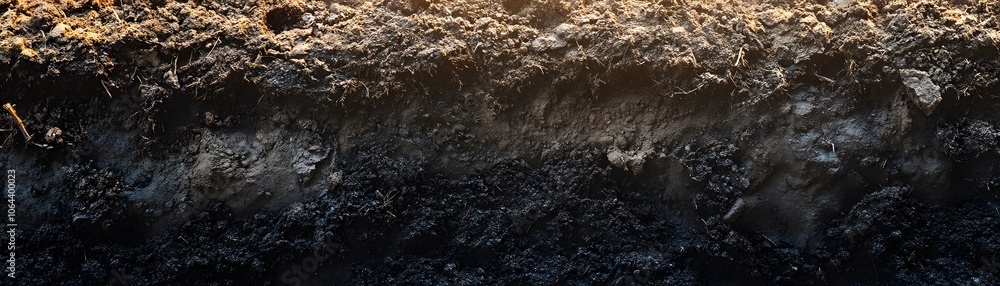 Poster close-up of a soil profile with layers of dark and light soil