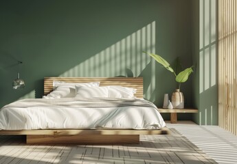 Minimalist bedroom interior design with a wooden bed, white bedding, green wall, and sunlight streaming through a window
