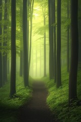 Obraz premium Tranquil forest path with green foliage