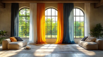 Fototapeta premium A living room with two couches and two windows with curtains