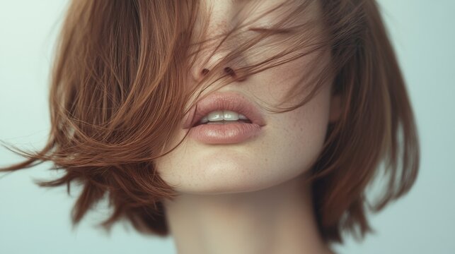 close-up portrait, graceful neck and collarbone visible, honey-brown hair cascading, minimal makeup, studio setting, beauty advertisement aesthetic