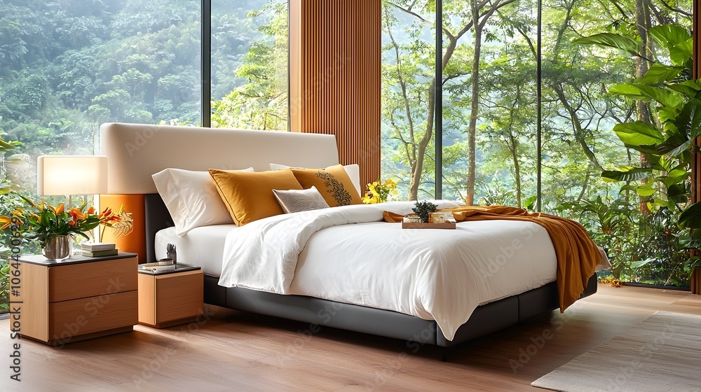 Aufkleber Elegant modern bedroom design featuring a statement headboard matching side tables and linens creating a cozy relaxing atmosphere with a touch of sophisticated style