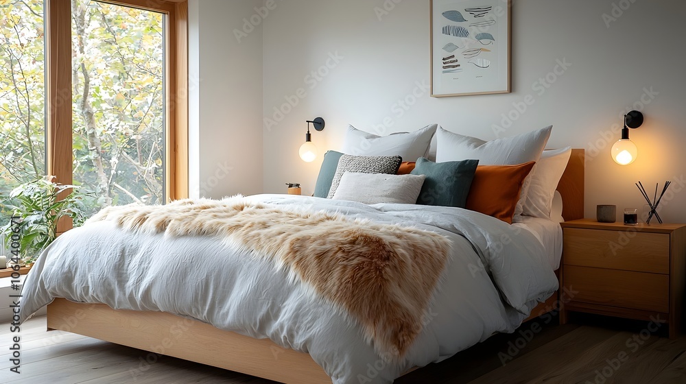 Poster cozy and inviting bedroom retreat featuring a plush faux fur throw soft bedside lamps and harmonious