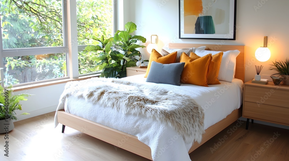 Aufkleber Cozy and inviting bedroom retreat featuring a plush faux fur throw warm bedside lamps and soft harmonious textures creating a serene and relaxing atmosphere