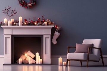 Cozy fireplace with a mantle adorned with holiday decor, glowing warmth in a festive room, flat design illustration