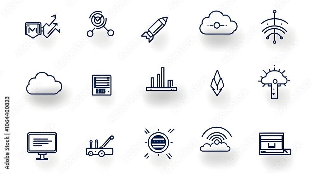 Poster Minimalist line style icon set depicting cloud computing and data exchange concepts for website hosting and internet technology services