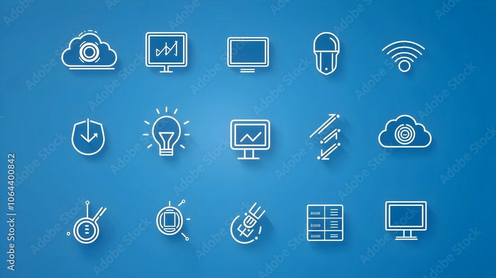 Poster Minimalist line style cloud computing icon set featuring website traffic data exchange symbols and hosting services on a white background  Digital technology network and information graphics