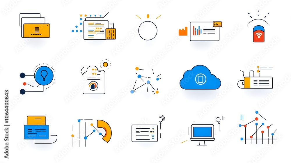 Aufkleber Set of Minimalist Line Art Icons Representing Cloud Computing Web Hosting Website Traffic and Data Exchange Symbols on a White Background