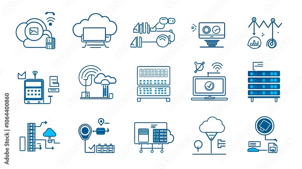 Aufkleber Set of web hosting icons in a minimalist line style with symbols for cloud server webspace and website displayed on a clean white background