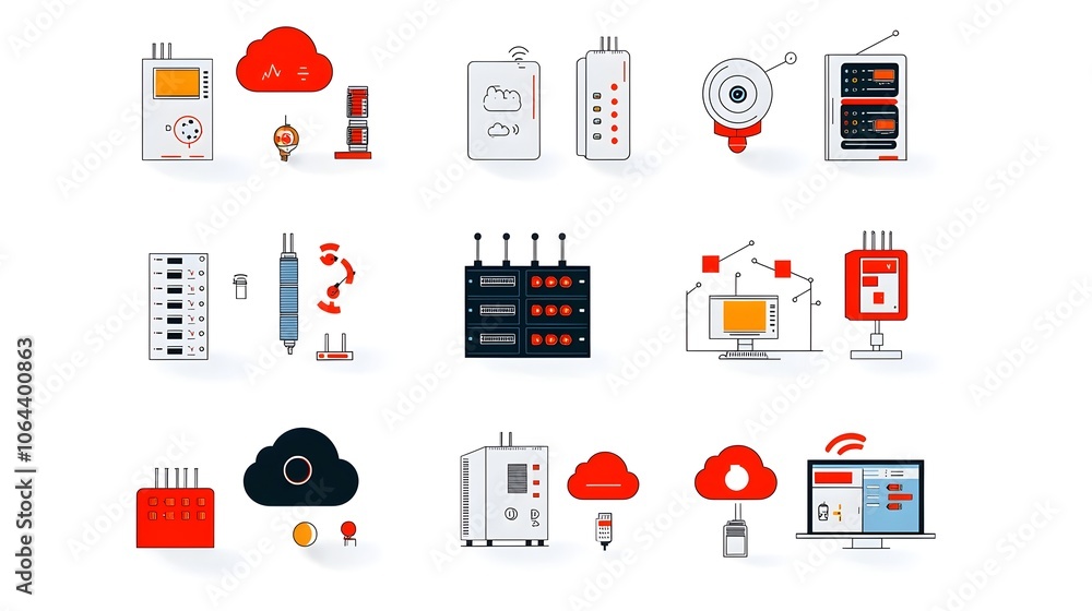 Aufkleber Set of web hosting icons in line style with symbols for cloud server webspace and website on a clean white background  Technology and digital services