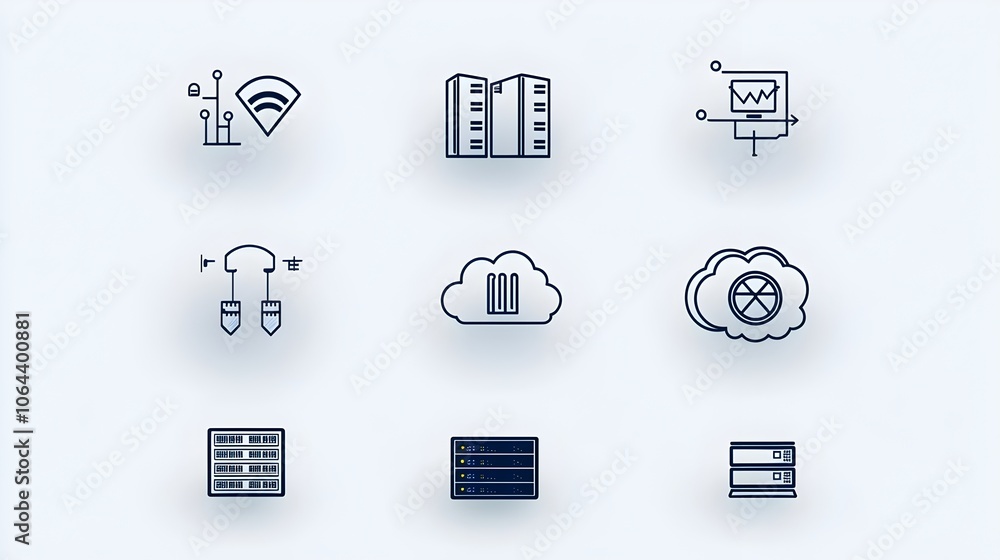 Fototapete Minimalist and clean line icons depicting various elements of web hosting and cloud computing services including servers data exchange and related technical symbols on a white background