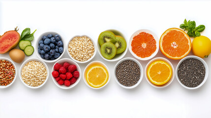 artistic arrangement of colorful health foods in heartshaped bowl vibrant fruits vegetables and grains creating rainbow palette clean white background 