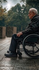 Elderly veteran in a wheelchair at a memorial, hands resting on lap, serene atmosphere, touching moment of reflection, veterans day background, veterans day banner, Veterans Day