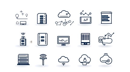 Set of minimalist web hosting icons rendered in a clean linear design style  Includes symbols for cloud server webspace and website on a plain white background  Ideal for digital services
