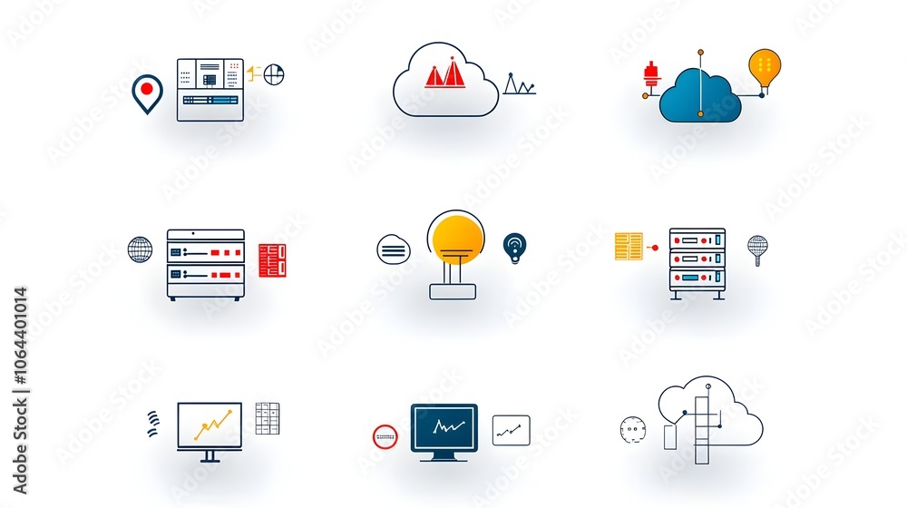 Poster Minimalist Collection of Cloud Computing Icons in Line Style Representing Hosting Services Website Traffic and Data Exchange Symbols on White Background